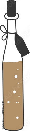 Glass bottle filled with fermenting kombucha tea, corked and secured with string, featuring a blank tag while bubbles rise energetically within the effervescent liquid
