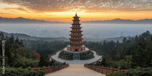 Sunrise illuminates a tall, tiered pagoda atop a hill, overlooking a misty valley and distant city