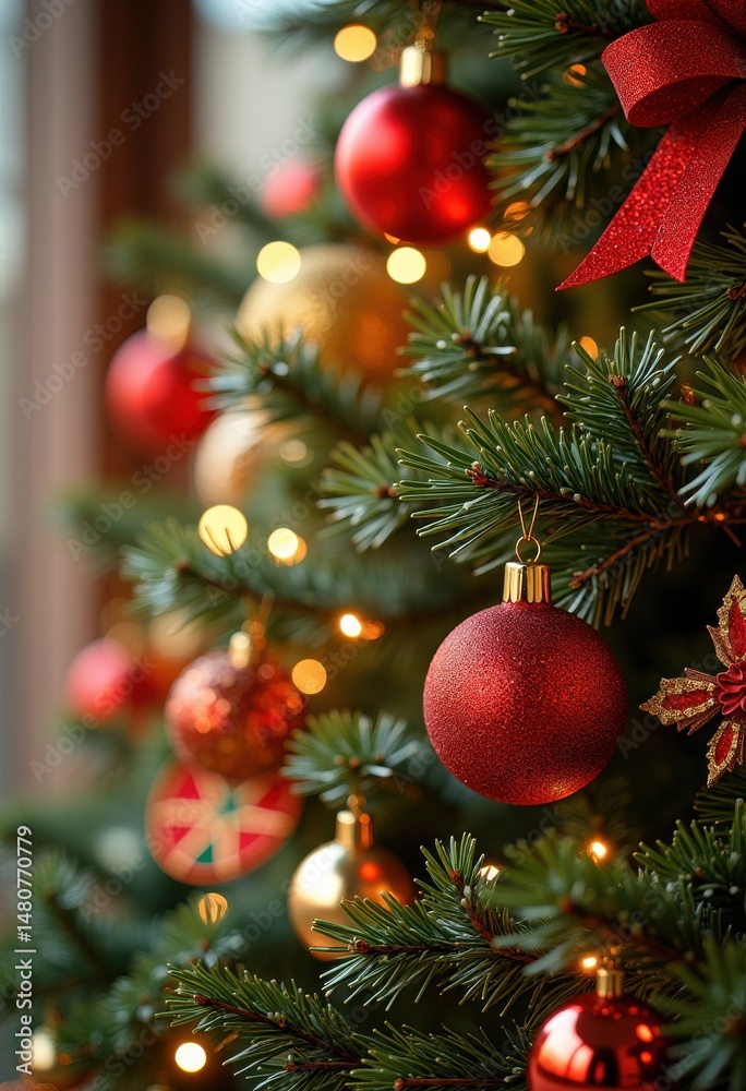 Fototapeta premium vibrant festive holiday decorations adorning luxurious pine branches ornaments colorful ribbons, christmas, greenery, lights, wreath, evergreen, arrangement