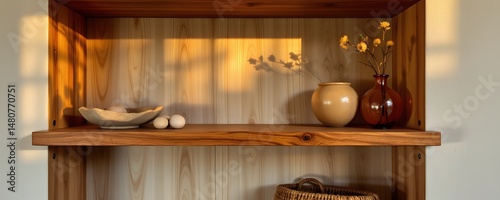 a photo of a wooden shelf, a repository of treasured home interior accessories – smooth stones, hand blown glass, woven textures – captured in an over the shoulder shot from a disorienting