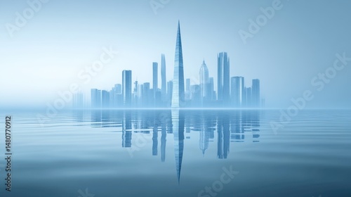 Serene cityscape reflection modern skyscrapers in calm waters