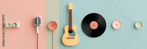 Minimalist composition with microphone, guitar, and vinyl record on pastel background for world music day