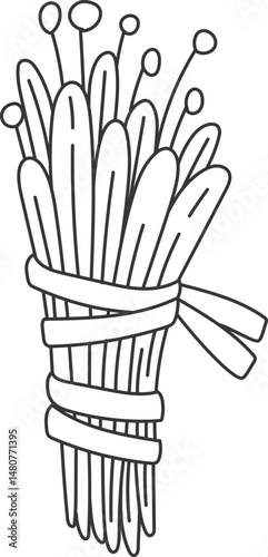 Smudge stick illustration representing a bundle of dried herbs and flowers tied together with string, often used in spiritual practices for cleansing and purification