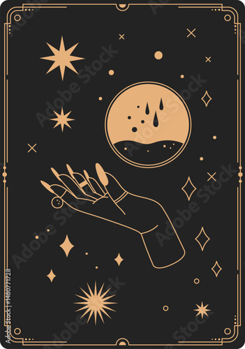 Elegant hand adorned with rings and long nails reaching for a magic potion, surrounded by stars and geometric shapes in a mystical, boho style