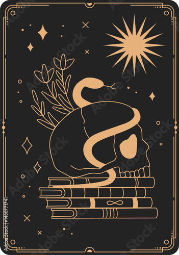 Gold snake resting on a human skull atop a stack of books, with flowers blooming under a starry sky, creating a mystical atmosphere ideal for tarot and occult themes