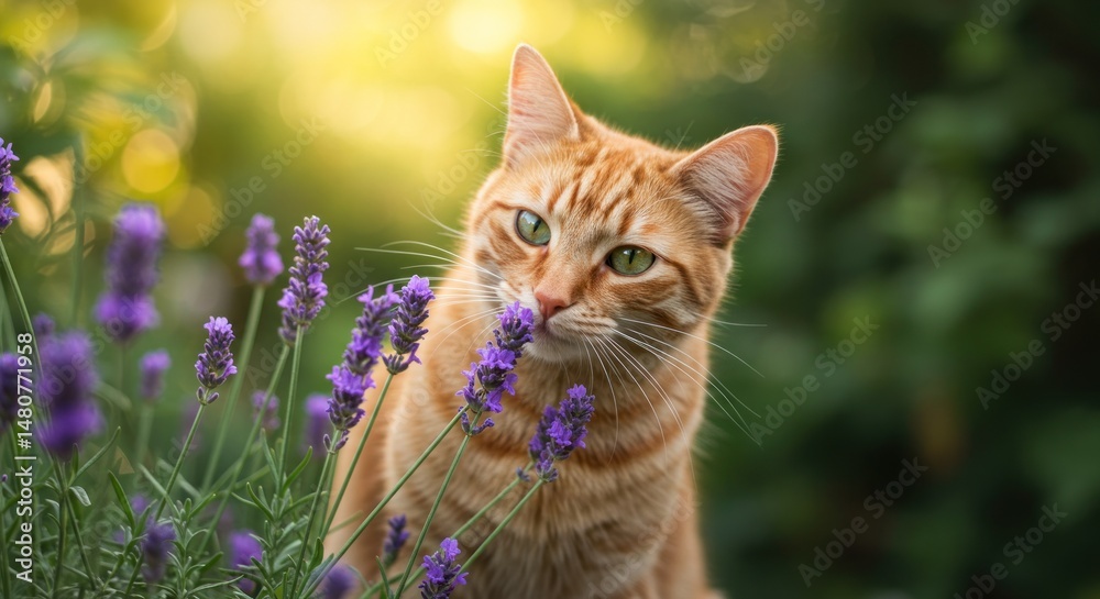 Fototapeta premium Ginger cat among lavender flowers