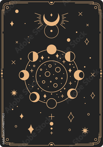 Golden esoteric moon phases and celestial bodies are depicted on a black background, creating a mystical and celestial themed poster or tarot card