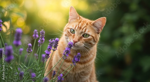 Ginger cat among lavender flowers