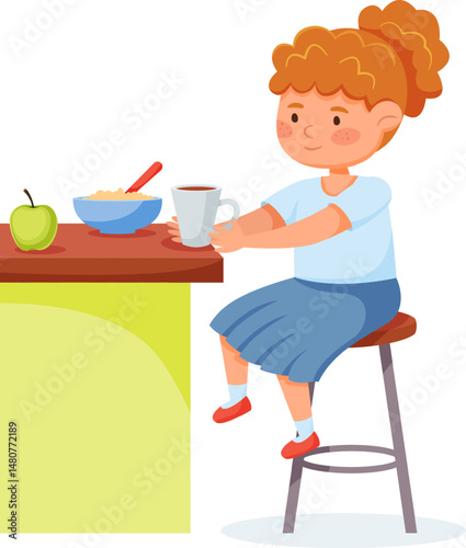 Cute cartoon girl sitting at a table and having breakfast with porridge, milk and green apple, healthy food for kids, colorful vector illustration isolated on a white background