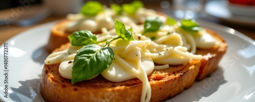 an extreme close up, tunnel vision perspective of delicious artisanal bruschetta, situated at the bottom of the frame, leaving ample copy space above