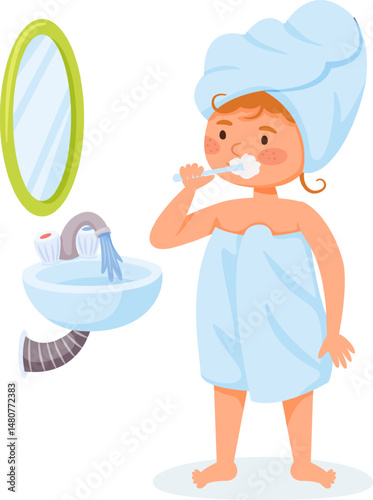 Girl wrapped in blue towel brushing her teeth with a toothbrush and toothpaste in a bathroom with a sink, mirror and running water, promoting dental hygiene and morning routines