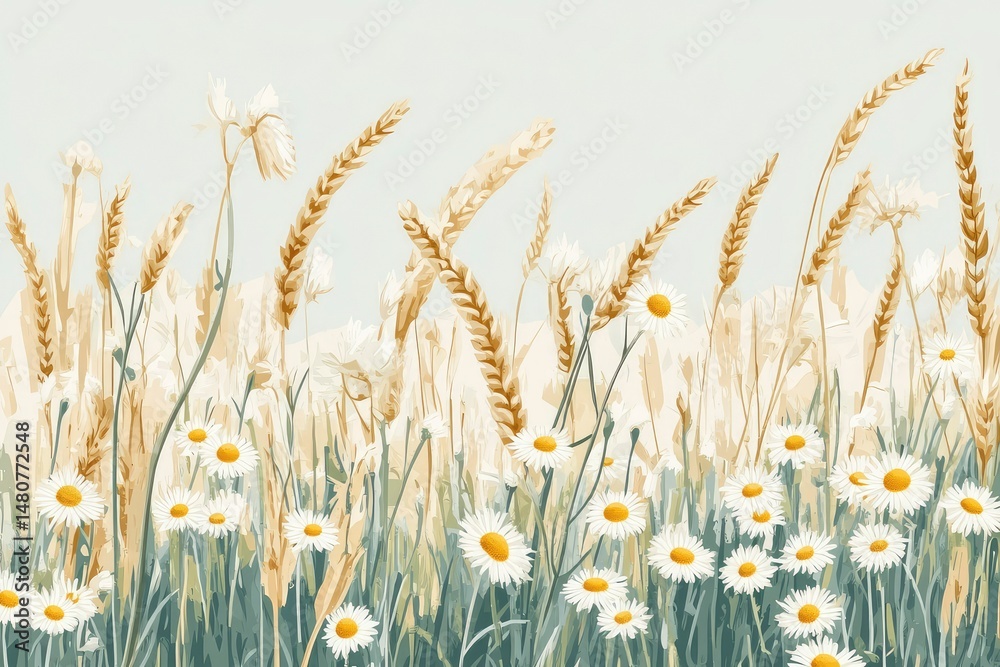 Obraz premium calmness, chamomile fields and golden wheat heads, soft movement, seamless vector with Ukrainian summer identity