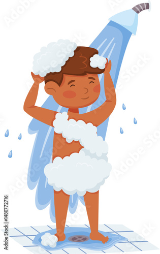 Happy child covered in soap foam taking a shower and washing his hair in the bathroom, kid enjoying his daily hygiene routine, colorful cartoon character vector illustration