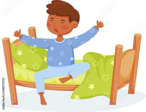 Young boy waking up in bed, stretching arms wide and yawning, embracing a refreshing morning routine. Brightening the day with energy and joy in a cozy bedroom