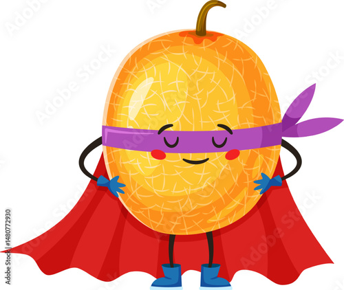 Cartoon illustration of a smiling superhero melon wearing a purple mask and a red cape, standing with hands on hips, conveying a sense of pride and confidence