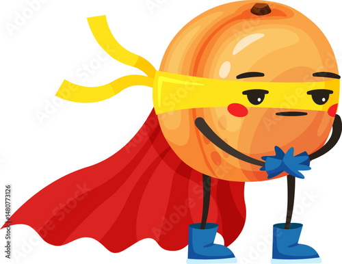 Cartoon illustration of an anthropomorphic apricot wearing a superhero costume including a mask, a cape and gloves, standing with its hands clasped