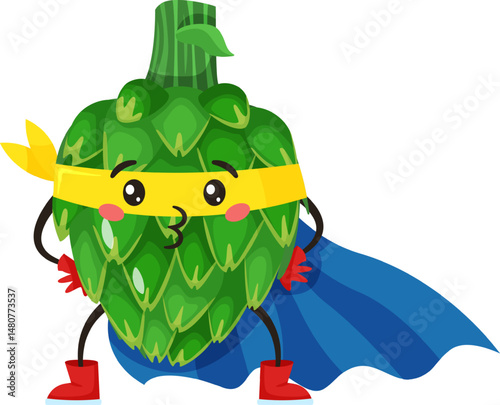 Cartoon artichoke superhero wearing a yellow mask, red gloves and boots, and a blue cape, is blowing a kiss, isolated on a white background