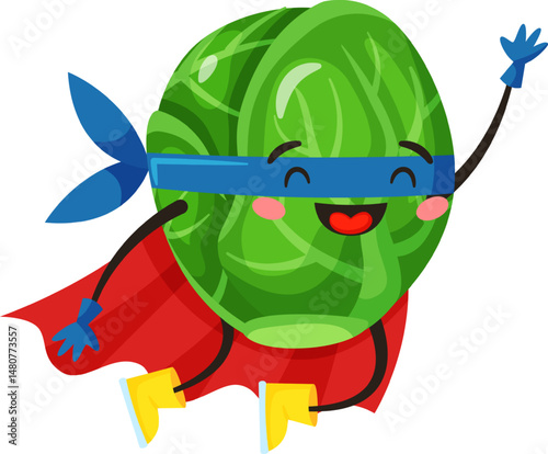 Cheerful Brussels sprout wearing a superhero costume with a red cape, blue mask, and yellow boots is joyfully flying and waving, embodying health and fun