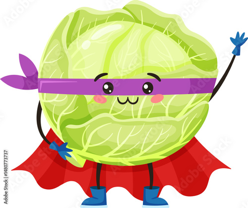 Cute cartoon illustration featuring a superhero cabbage donning a purple mask and a vibrant red cape, cheerfully waving with a blue gloved hand, radiating positivity and fun