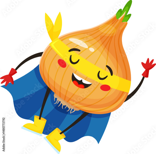 Funny cartoon onion superhero wearing a mask, cape, gloves, and boots, joyfully flying and laughing, promoting healthy eating habits for kids with a cheerful and playful vibe