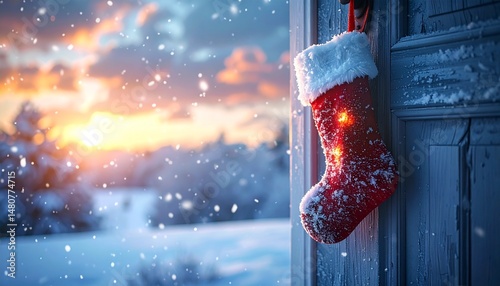 Magical Frosty Santa Sock Glowing on Snowy Porch with Warm Light Under Dramatic Winter Sky – Realistic Christmas Scene Full of Emotion, Quiet Charm, and Holiday Wonder