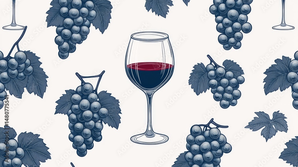 Fototapeta premium Engraved Wine Glass and Grape Pattern, Vineyard , Tasting