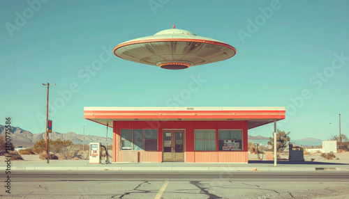 Vintage 1950s flying over a desert gas station .World UFO Day concept. Generated Image