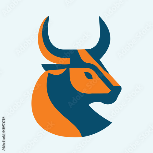 Bull Head Logo, Bold Abstract Animal Symbol in Orange and Blue, ideal for sports teams, finance brands, strength-based identity, or corporate logo