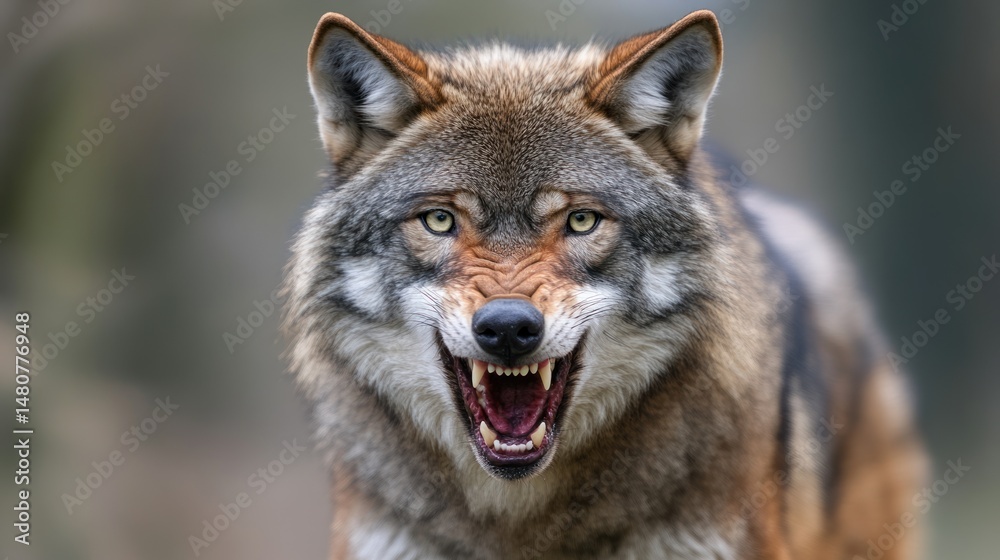 Fototapeta premium Closeup of a wolf with open mouth showing sharp teeth