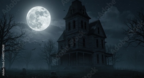 Haunted house under moonlight