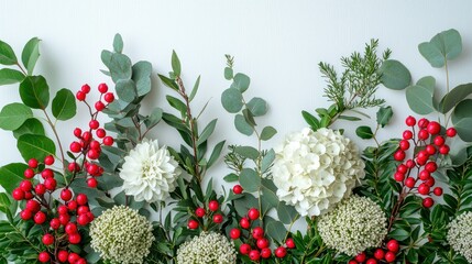 Floral border Red berries, white blossoms, green leaves