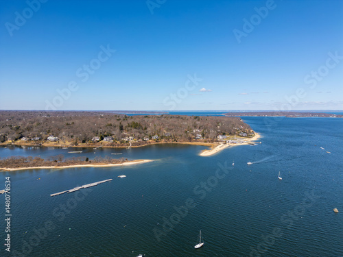 Drone Aerial View of Bird Island and Northport Bay in Long Island, New York