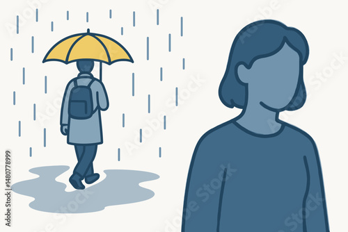 Person walking with yellow umbrella in the rain while another stands nearby