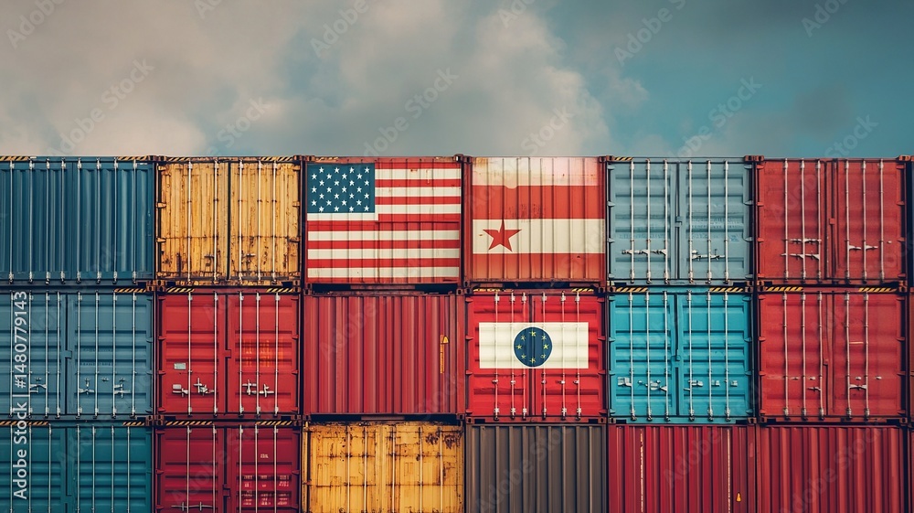Fototapeta premium Freight containers with national flags of USA, China, India, Canada, and EU lined up in opposition, illustrating global trade war and import-export tensions. 