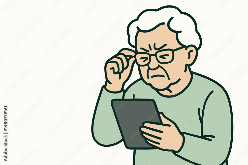 Elderly man struggling to read tablet while adjusting glasses Elderly man struggling to read tablet while adjusting glasses