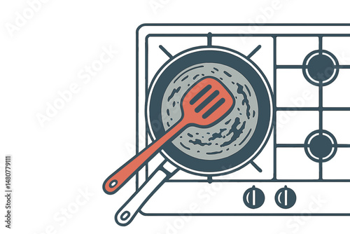 Cooking pan with spatula on modern stove in kitchen setting  