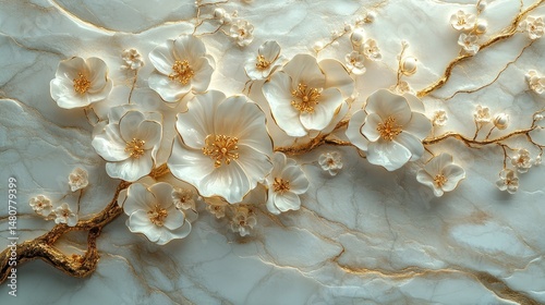 Ornate, 3D floral design on marble