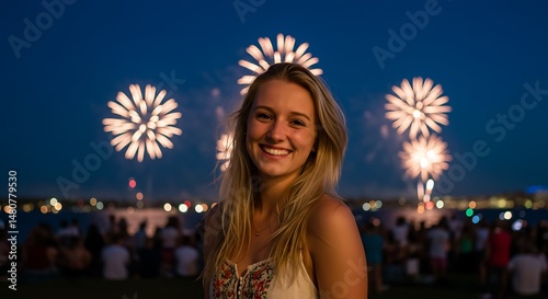 Woman Smiling With Fireworks Behind