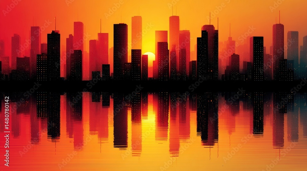 Obraz premium Vibrant Sunset Over Urban Skyline Reflecting in Calm Waters