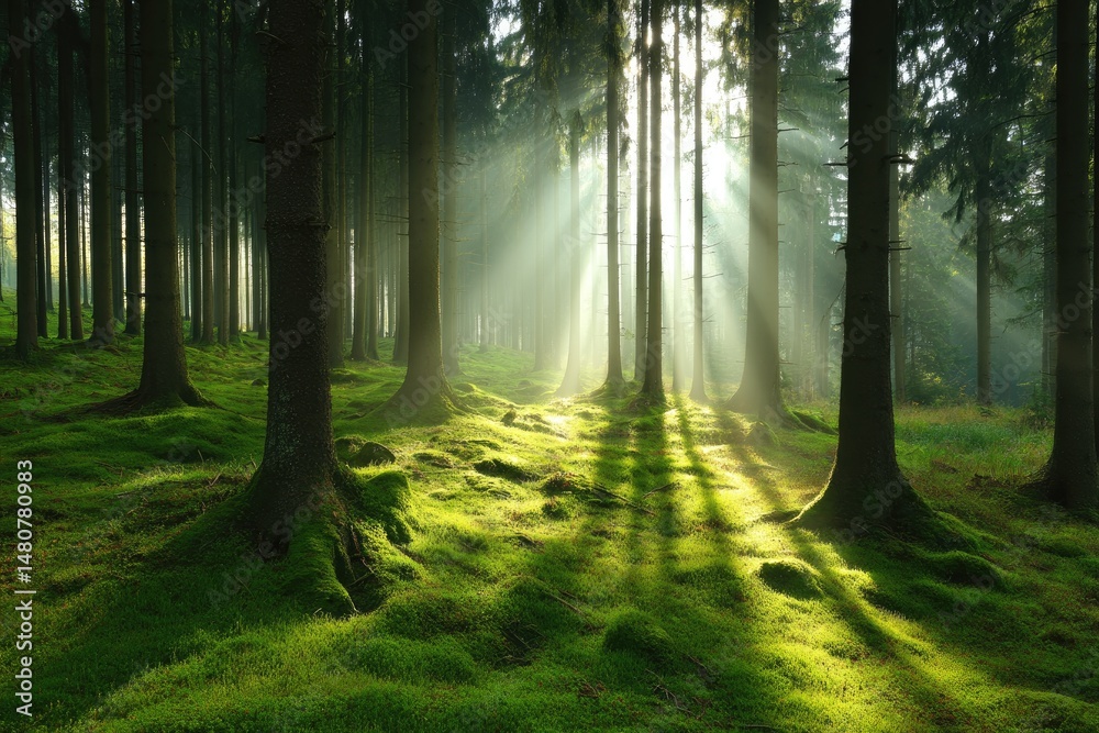 Obraz premium Sunlight streams through a dense forest (1)