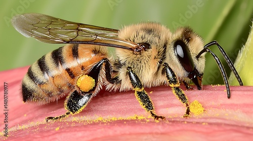 Macro detail of bees proboscis interacting pollen laden stamens amid soft floral background