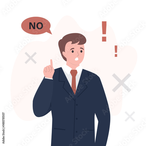 Unhappy businessman showing warning gesture, stop sign. Dissatisfied man says NO. Refusal, restrictions, prohibition. Not wanting to do something