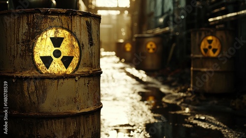 Radioactive waste barrels in industrial setting environmental hazard concept
