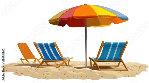 Colorful beach umbrella and chairs on sandy shore summer vacation relaxation holiday scene