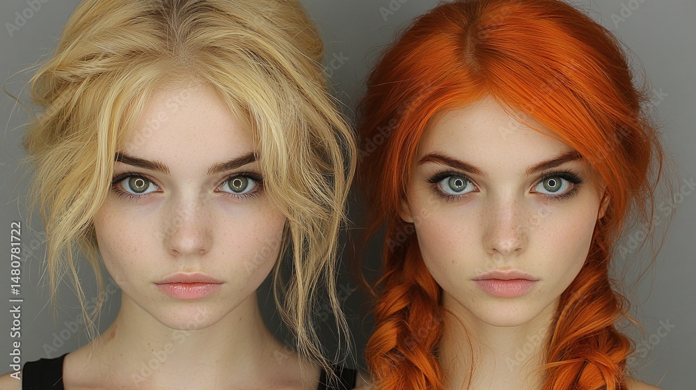 Obraz premium Close-up comparison of two women with contrasting hair colors.