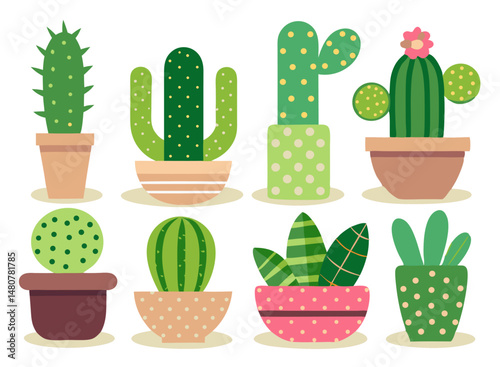 Cute Cactus Set – Hand Drawn Potted Succulent isolated on white background. Vector illustration.
