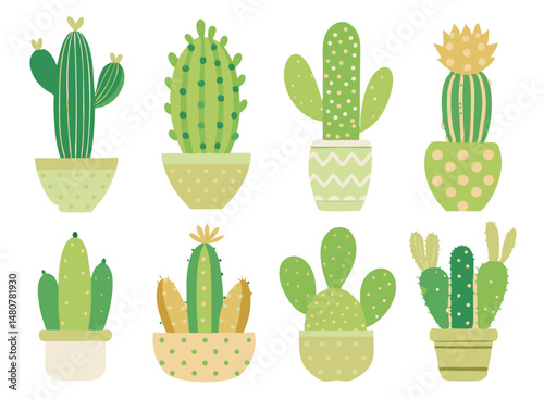Cute Cactus Set – Hand Drawn Potted Succulent isolated on white background. Vector illustration.
