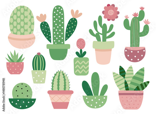Cute Cactus Set – Hand Drawn Potted Succulent isolated on white background. Vector illustration.
