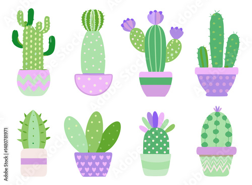 Cute Cactus Set – Hand Drawn Potted Succulent isolated on white background. Vector illustration.
