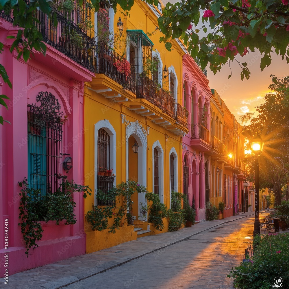 Obraz premium Colorful Street in the City with Sunset and Street Lamp at Twilight